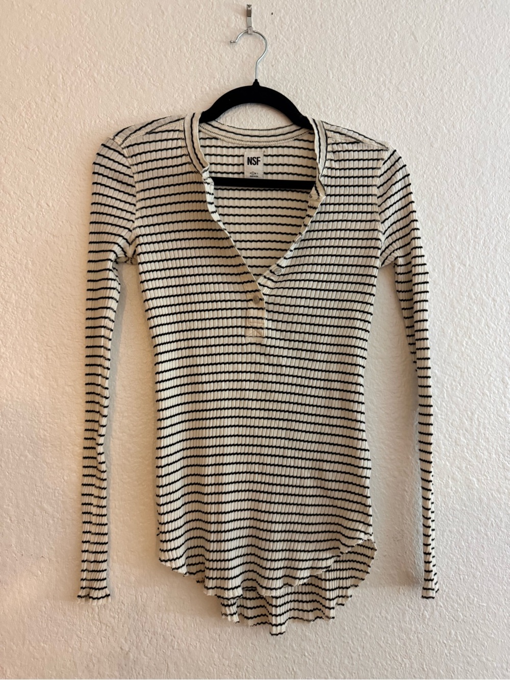 NSF Striped Ribbed Long Sleeve Henley Top Black White Small - Picture 2 of 3